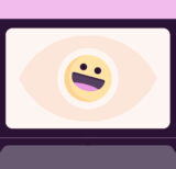 Illustratino of a laptop with an eye in the middle of the screen and a happy emoji as the pupil