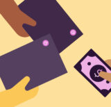 Illustration of two people handing over a Toggl Track report in exchange for money