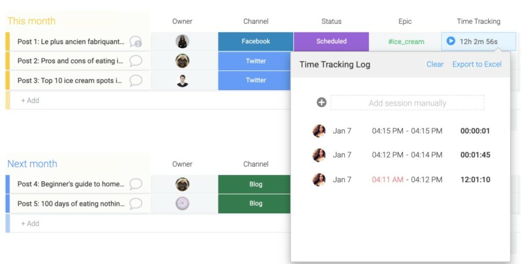 Monday.com's basic time tracking feature