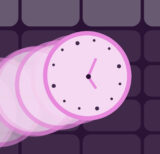 Illustration of a clock flying by with spreadsheets as the background