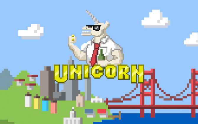 Illustration a unicorn wearing office attire with the title 'Unicorn', with a San Francisco background