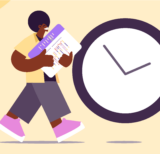 Illustration of a person holding their work and a clock