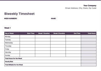 Screenshot of Biweekly timesheet template for Excel