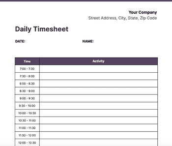 Screenshot of Daily timesheet template for Google Sheets