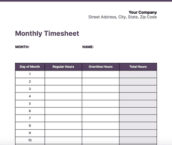 Screenshot of Monthly timesheet template for Google Sheets