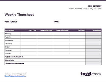 Screenshot of Weekly timesheet template for Excel