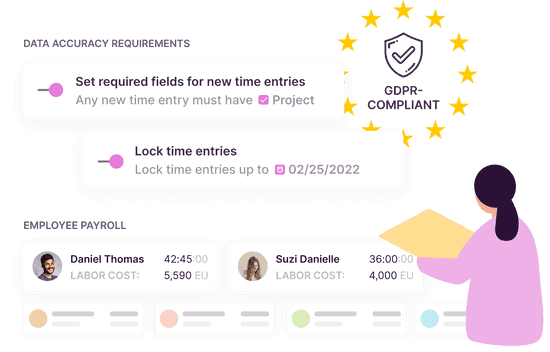 Snippet featuring time entry locking and time entry requirements in Toggl Track data, leading to accurate data for labor costs