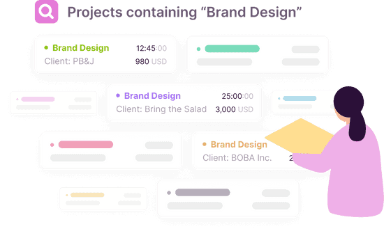 An illustration of a woman looking at time data for all "Brand design" projects