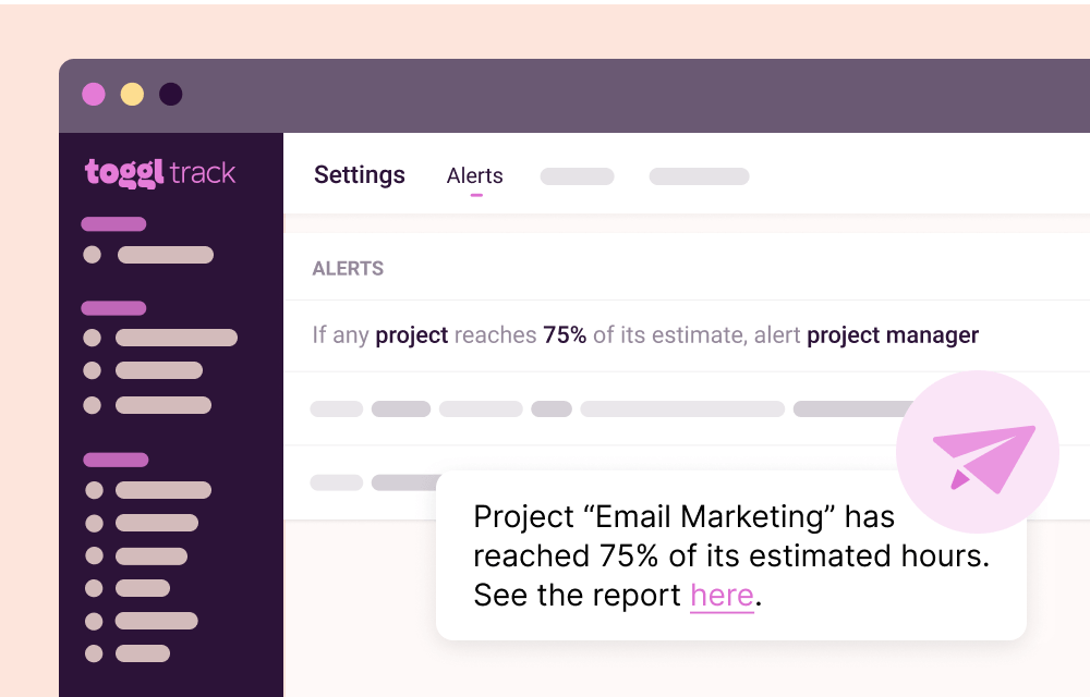 Screenshot of project alerts feature in Toggl Track