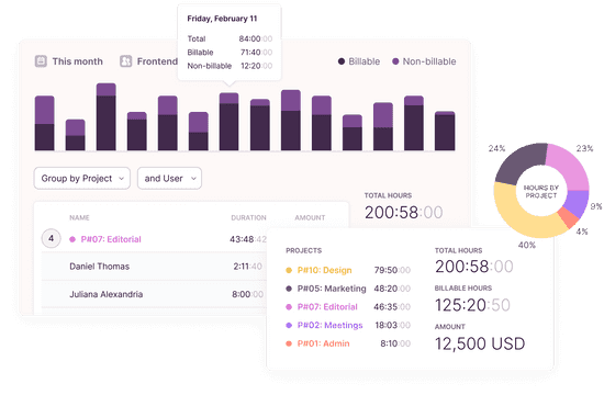 Screenshot of a time report with bar charts and a spotlight on the time spent on projects