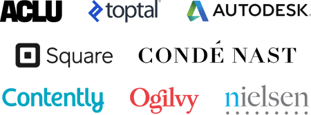Company logos: ACLU, Toptal, Autodesk, Square, Conde Nast, Contently, Ogilvy, Nielsen