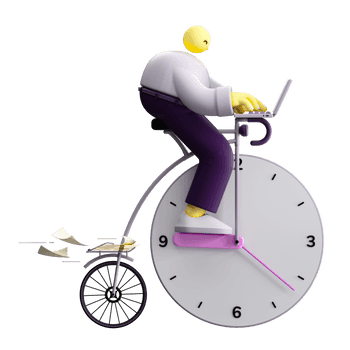 3D illustration of a character riding a bicycle. One of the wheels also resembles a clock.