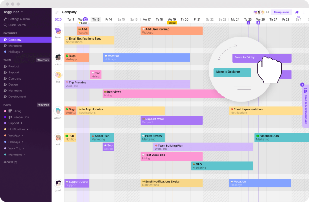 Toggl Plan helps you manage your team's availability, capacity, and schedule with simple drag-and-drop timelines.