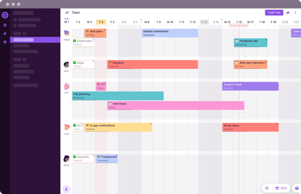 Toggl Plan's Team timeline makes it visualize and balance your team's workloads.