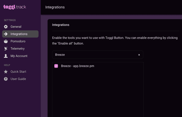 Enable the integration in the Settings page