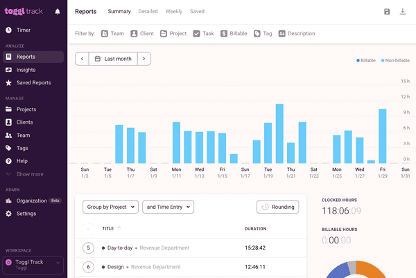 View and export time reports in Toggl Track’s web app
