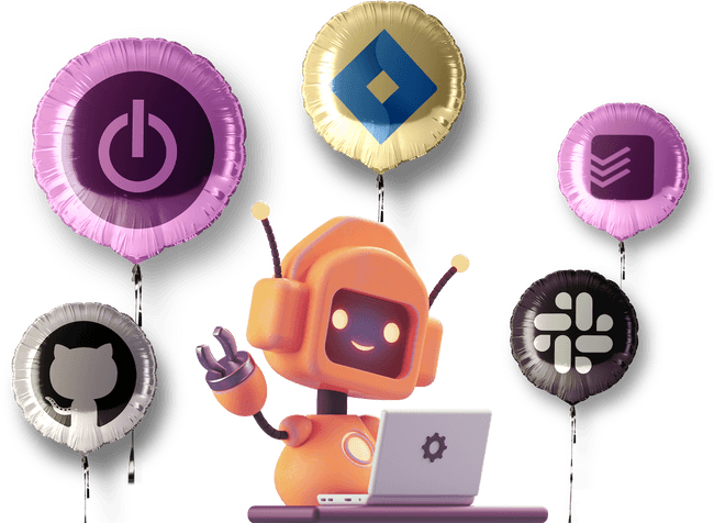 A cute bot surrounded by balloons with logos of apps Toggl Track integrations with: Jira, Slack, GitHub, Todoist
