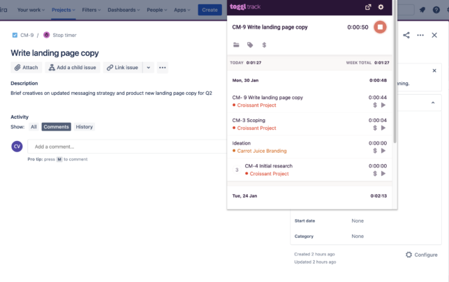 Track time in Toggl Track without leaving Jira