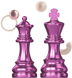 3D illustration of 2 chess pieces, surrounded by random shapes