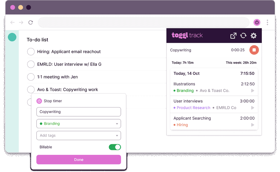 Toggl Track's browser extensions allow users to track time on 100+ online apps or using the extension in a browser's menu bar.