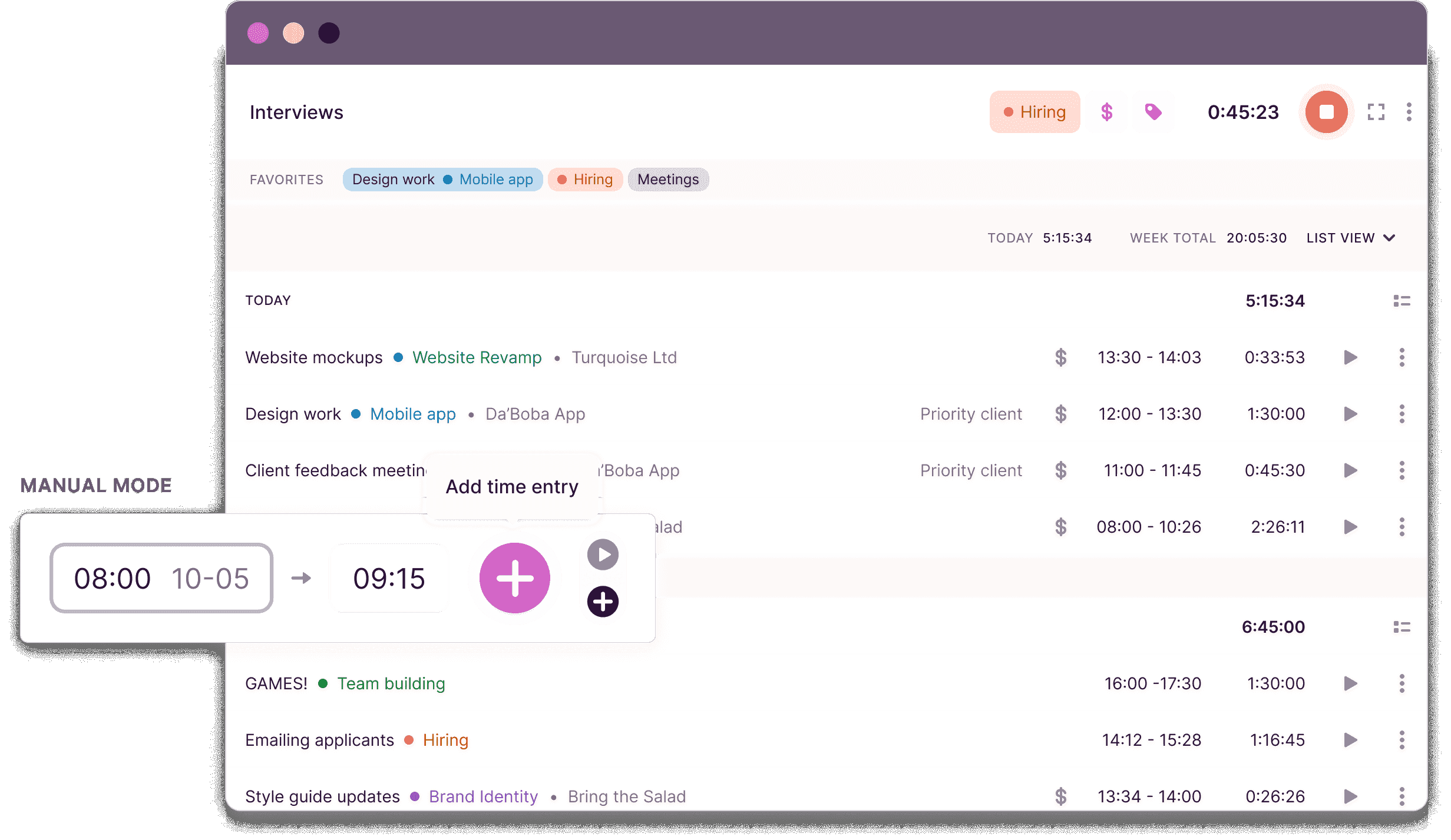 Toggl Track's list view with offline tracking featured