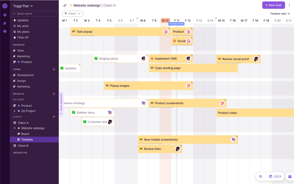 Toggl Plan's project timeline view