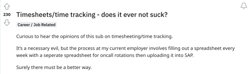 Discussion about timesheets on Reddit.
