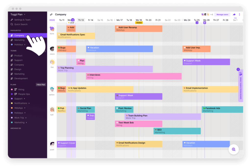 Toggl Plan shows your team's projects in timeline view