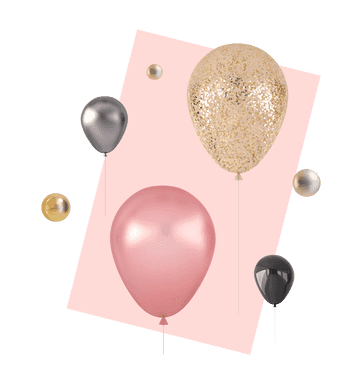 3D illustration of 4 balloons, surrounded by metal balls