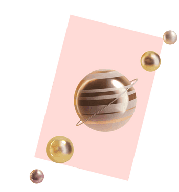 3D illustration of a planet and 4 metal balls in a line, the planet in the center